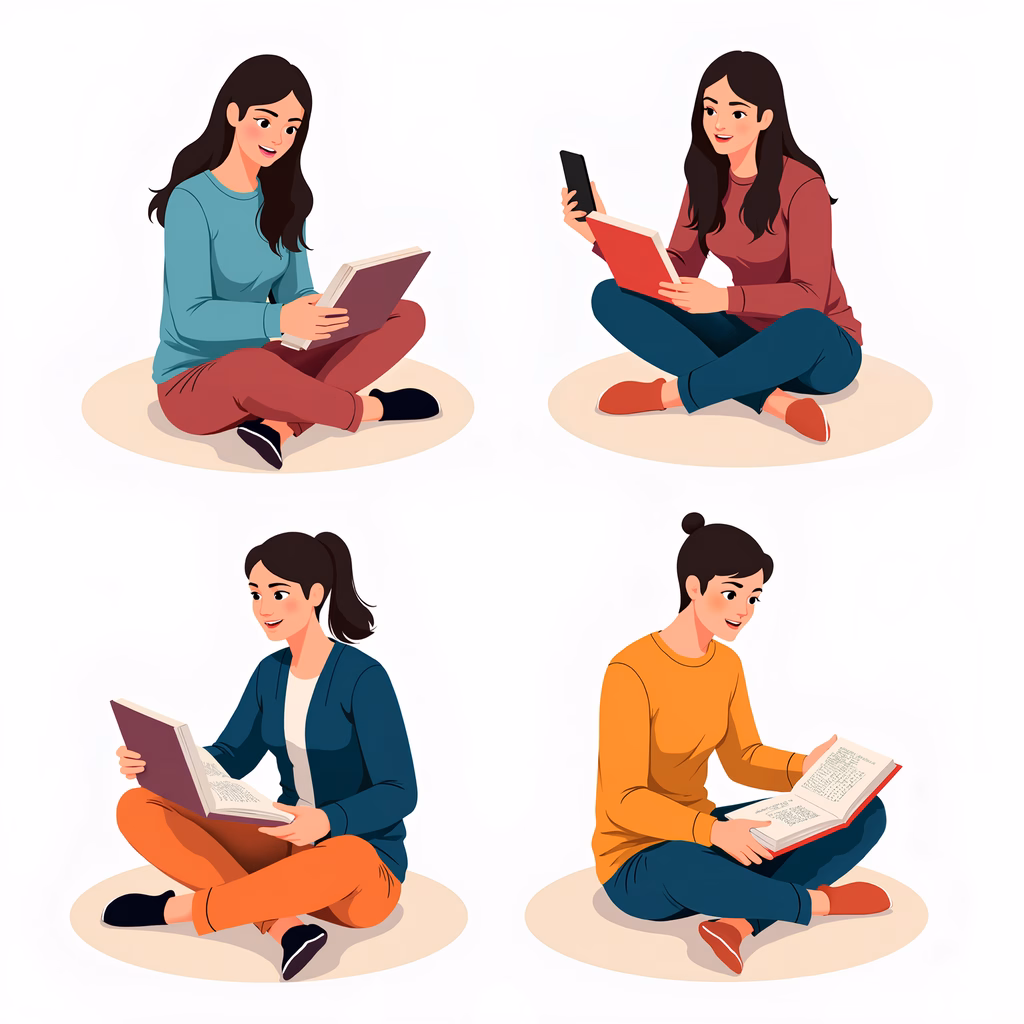 Four serene moments of individuals deeply engrossed in reading.