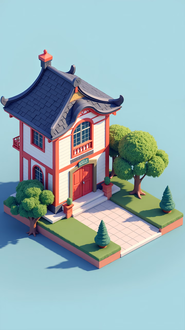A vibrant, red and white house with lush green surroundings, exuding tranquility and charm.