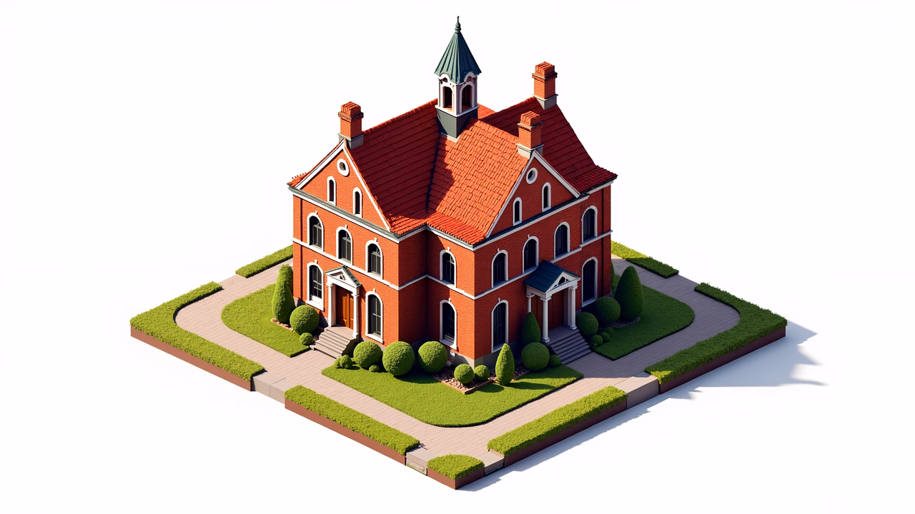 Detailed red brick mansion illustration with symmetrical design and lush garden.
