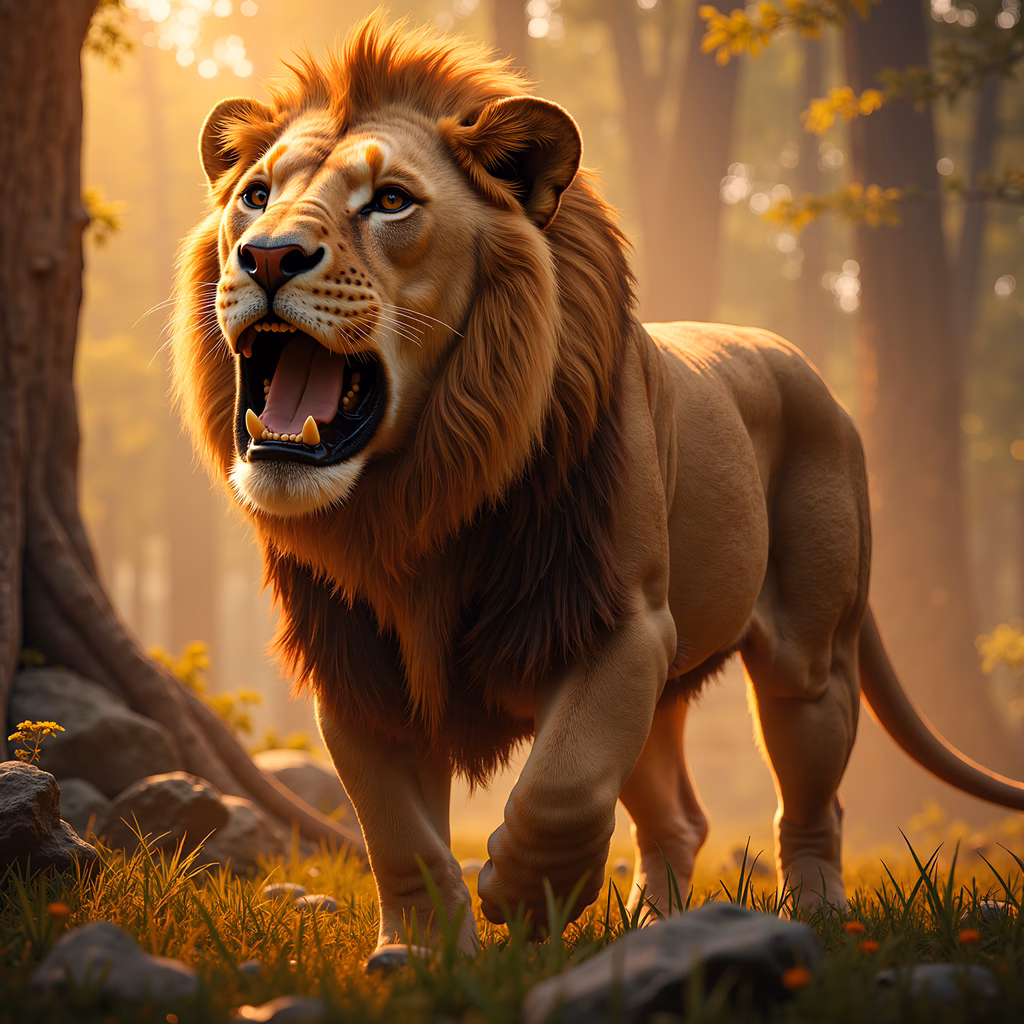 A roaring lion in a sunlit forest, showcasing wildlife art at its finest.