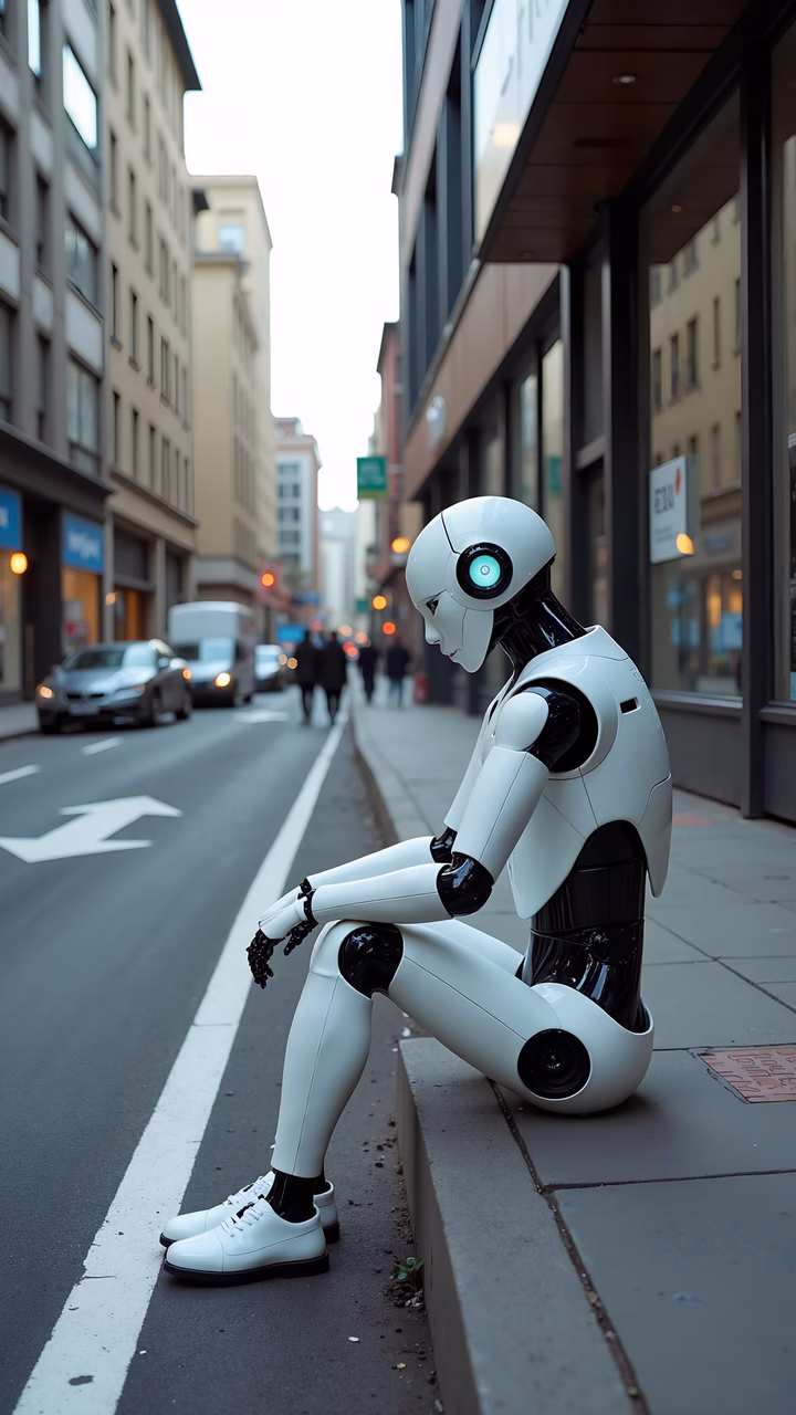 Contemplative robot on city sidewalk