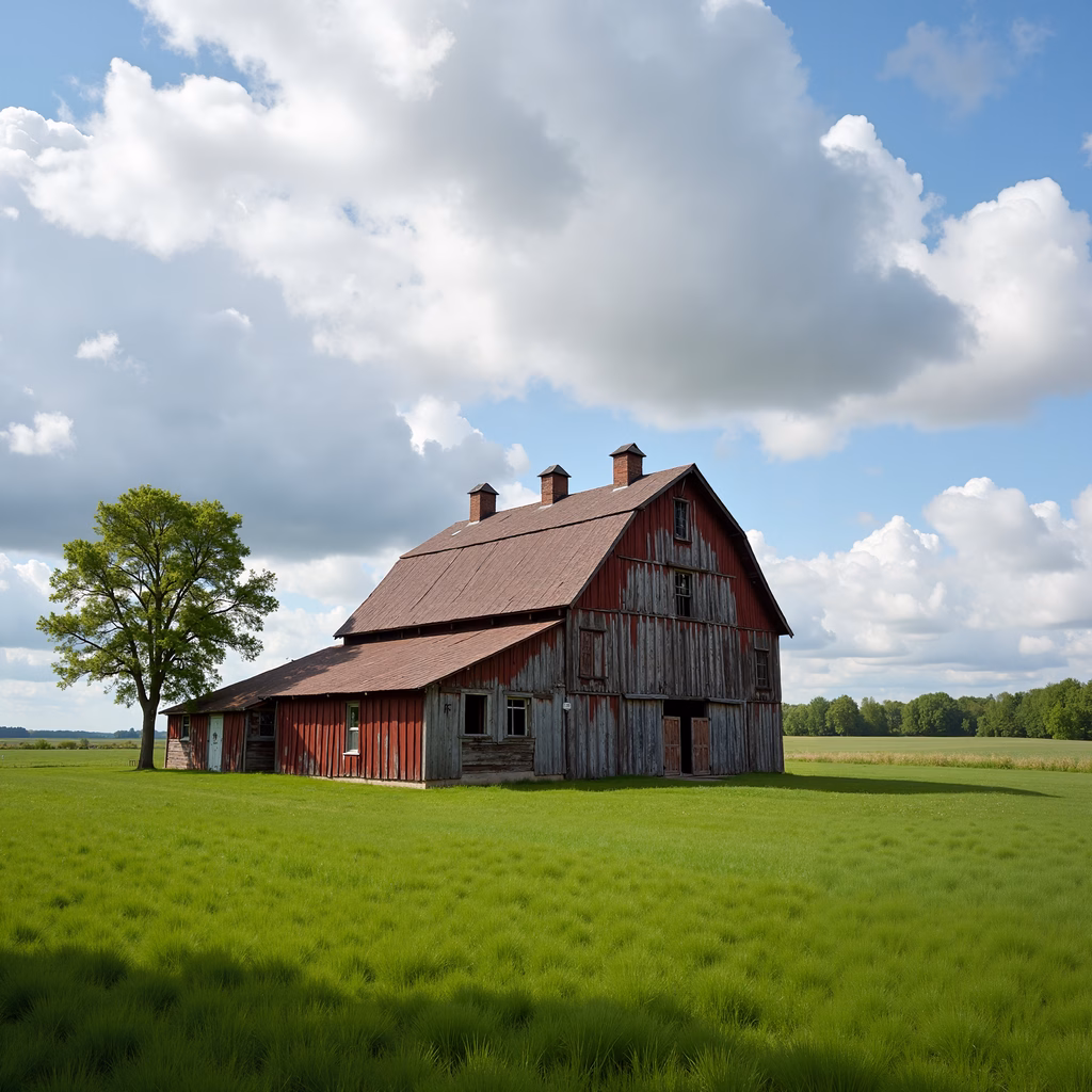Rustic barn amidst serene pastoral landscape