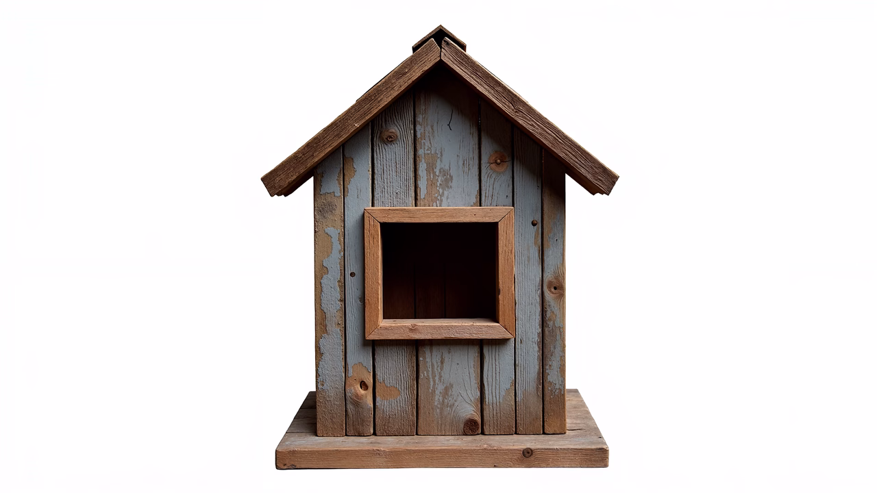 A rustic birdhouse made from weathered wood, featuring a triangular roof and a square opening.
