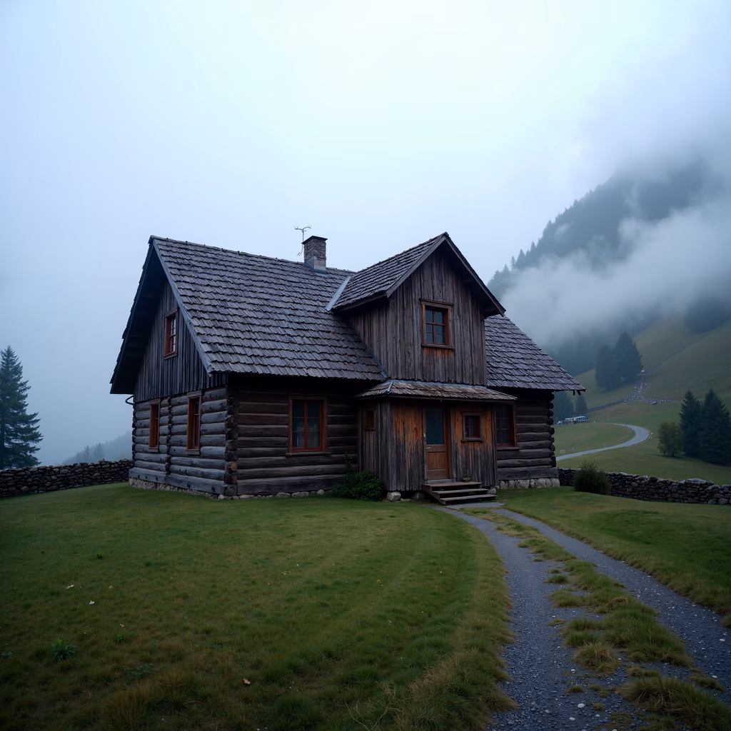 Rustic cabin in foggy meadow, serene landscape photography.