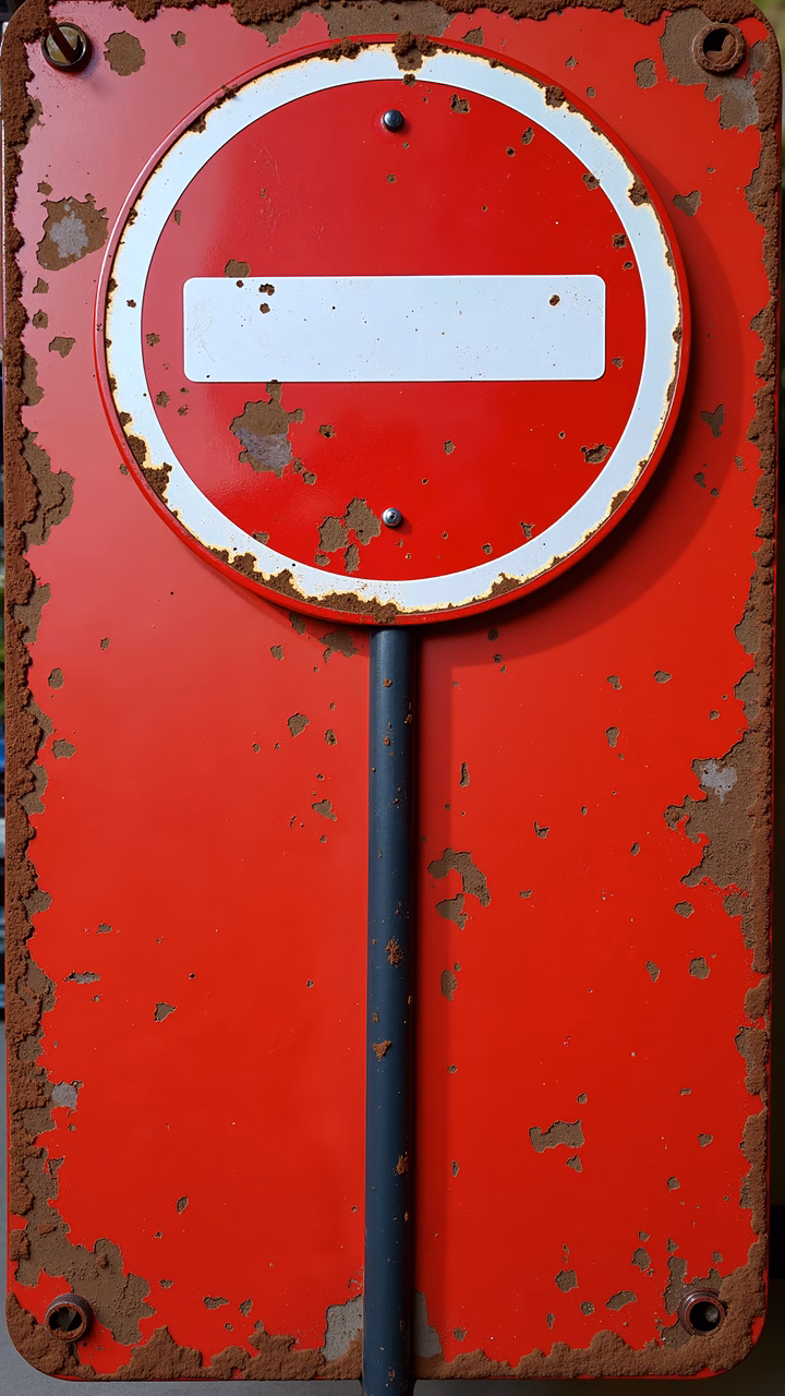 Close-up of a rusted red no entry traffic sign with white circle, urban decay, street photography.