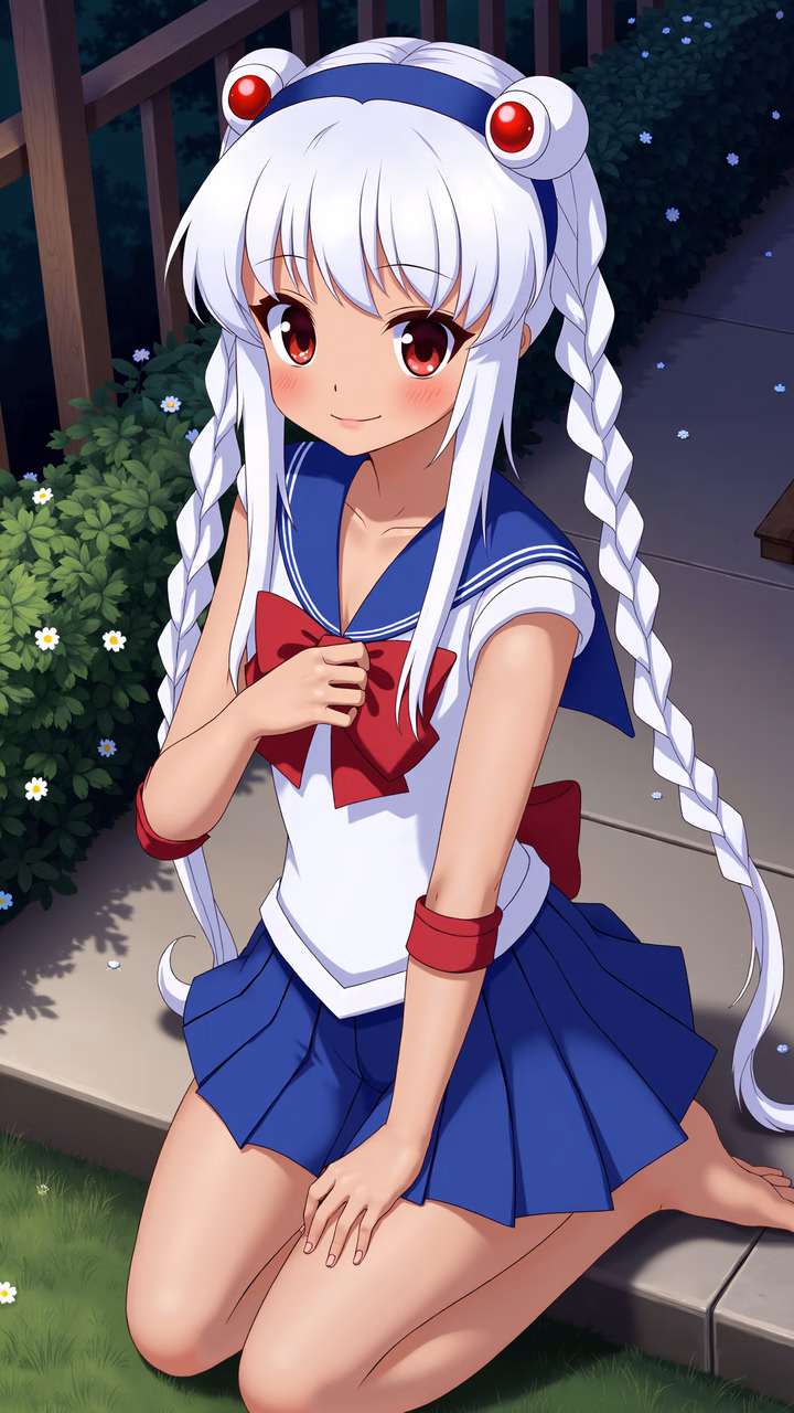 Anime girl in sailor uniform, serene garden setting, soft lighting, innocence, charm