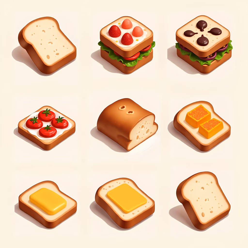 Illustrated sandwiches with diverse toppings and textures on a neutral background.
