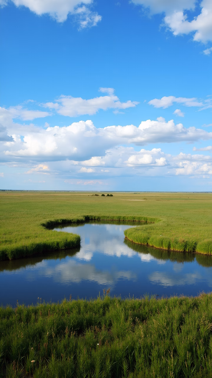 A serene landscape with green fields, a reflective pond, and a clear blue sky.