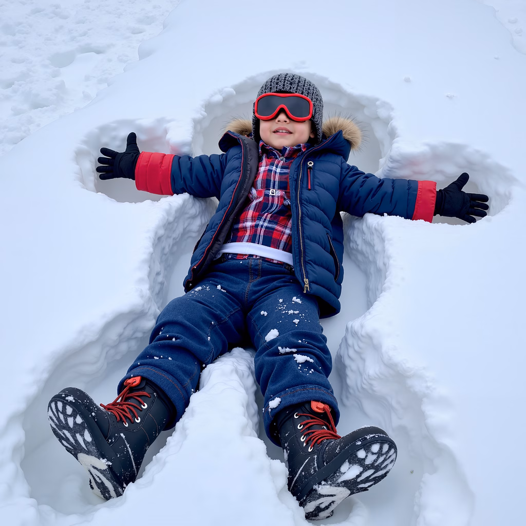 A child making a snow angel in a snowy field, wearing colorful winter clothes.