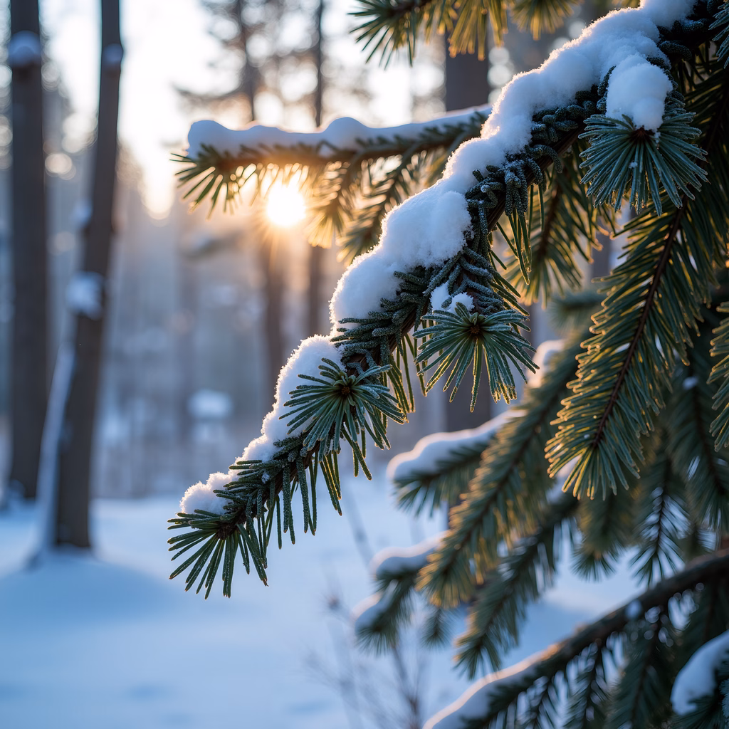 Close-up of snow-covered pine branch in a serene winter landscape.