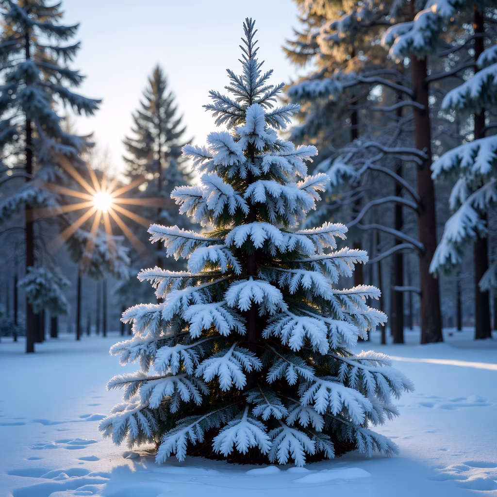 Snow-covered pine tree in a tranquil winter forest, bathed in the warm glow of the setting sun.