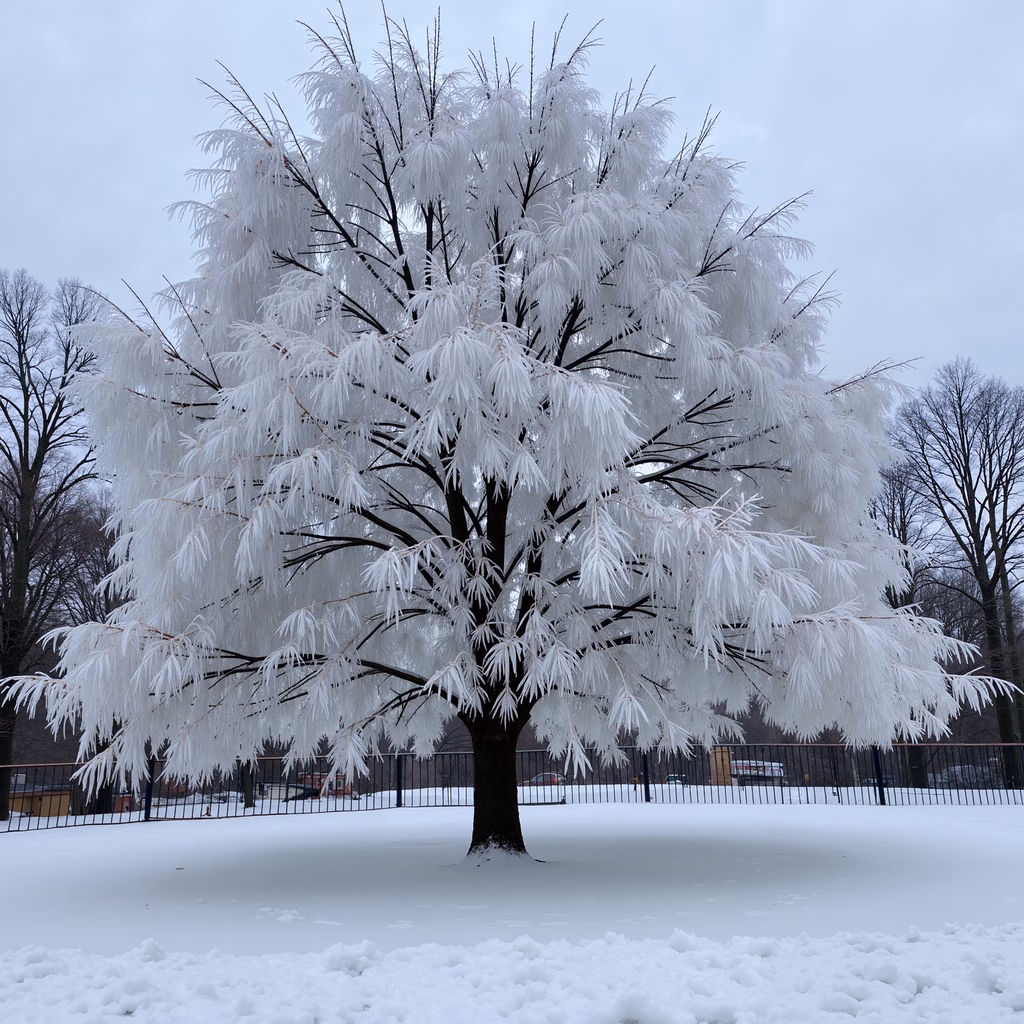 Solitary snow-covered tree in a tranquil winter landscape.