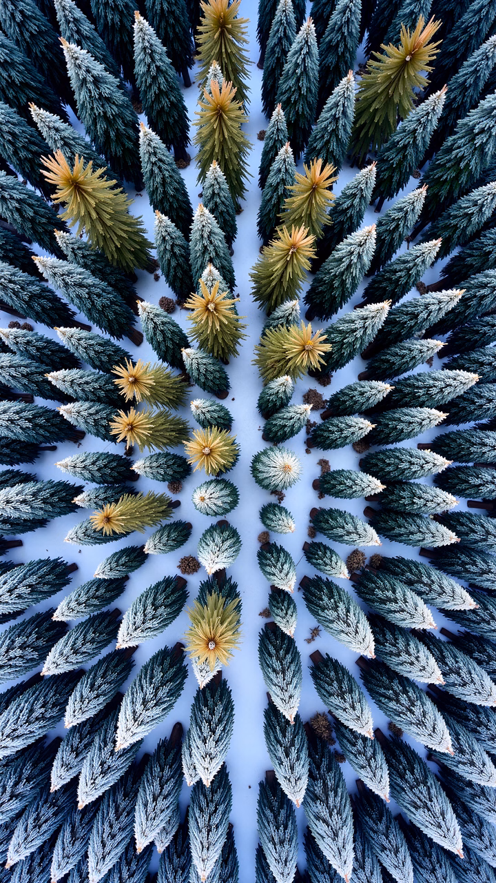 Symmetrical snowflake pattern of Christmas trees in green and gold tones on a snowy background.
