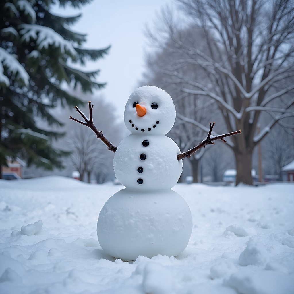 A joyful snowman in a tranquil winter setting.