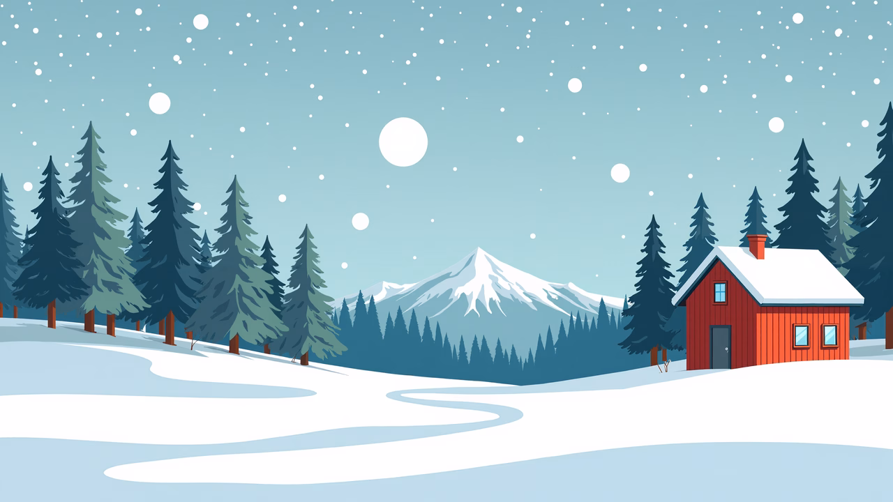 A tranquil winter scene with a red cabin surrounded by snowy trees and mountains.