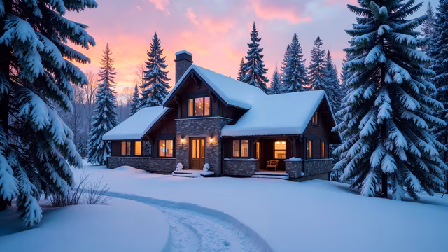 Snowy Cabin Sunset