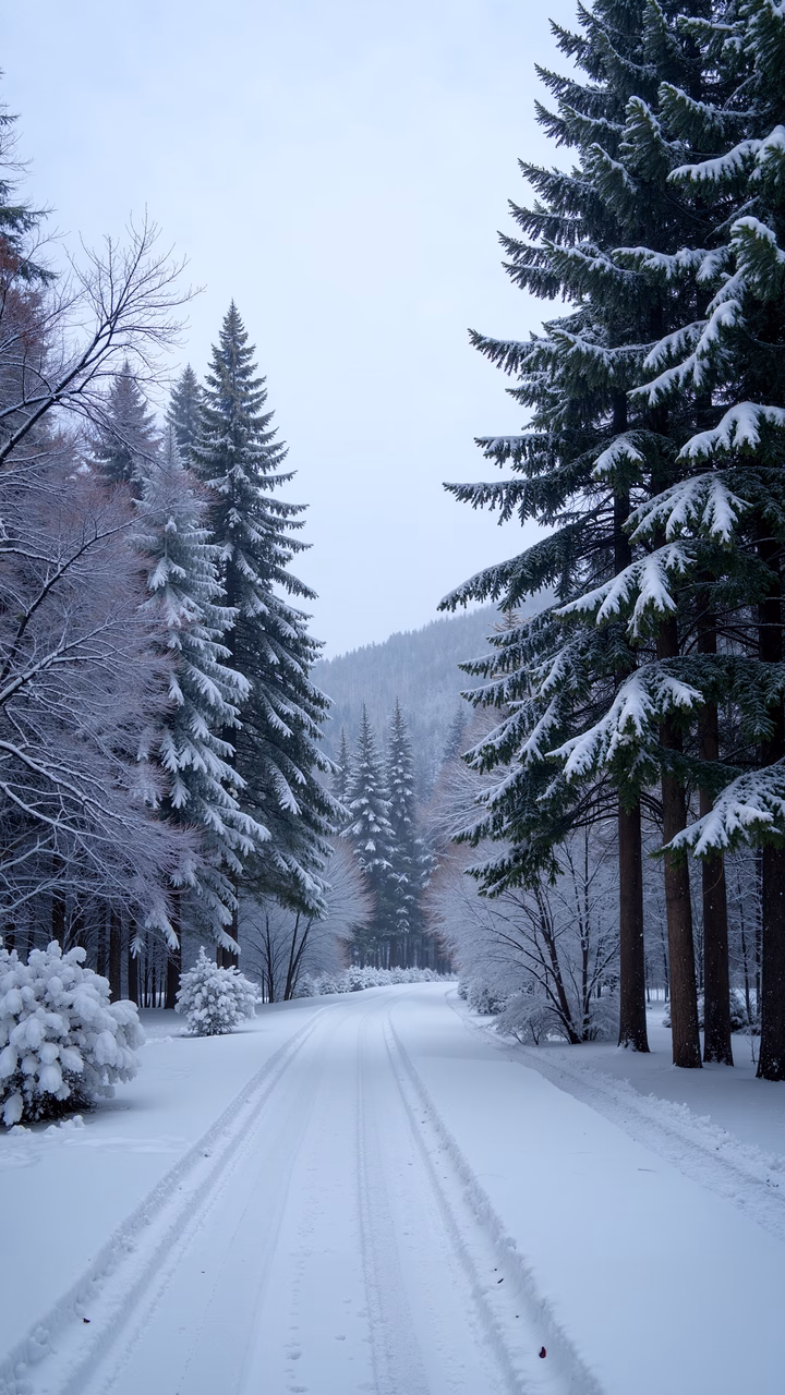 A peaceful winter landscape with snow-covered trees lining a tranquil path.