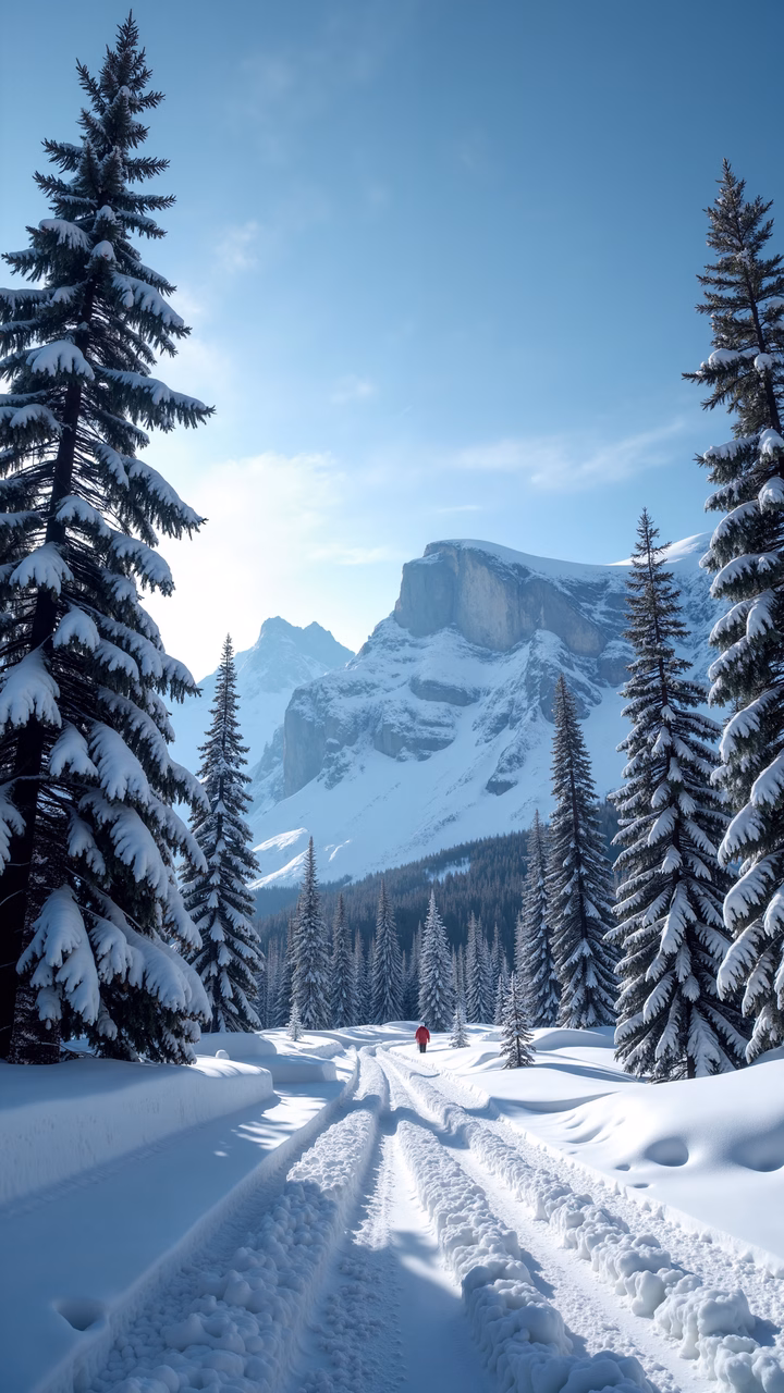 A tranquil winter landscape with a snowy mountain trail and a lone figure in red.