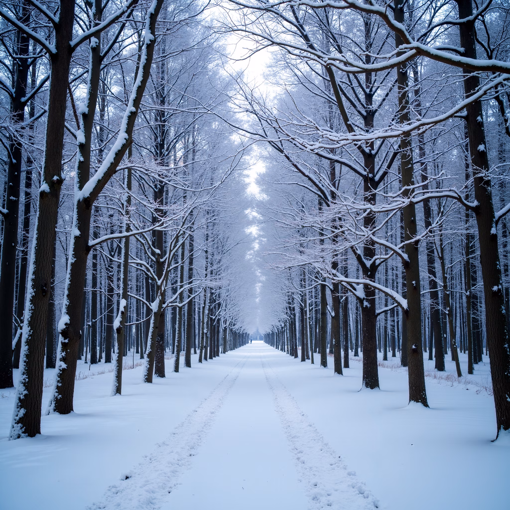 A peaceful snowy pathway lined with snow-laden trees, inviting tranquility.