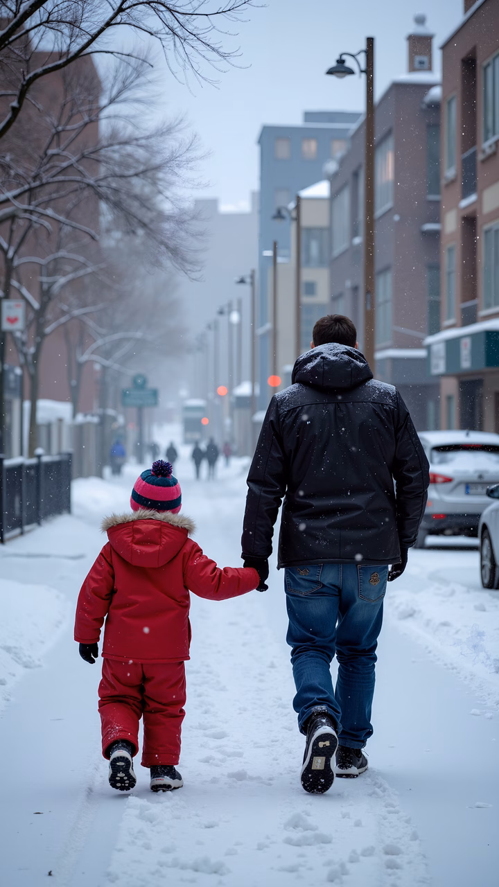 Father and child enjoying a snowy walk together in a peaceful urban setting.
