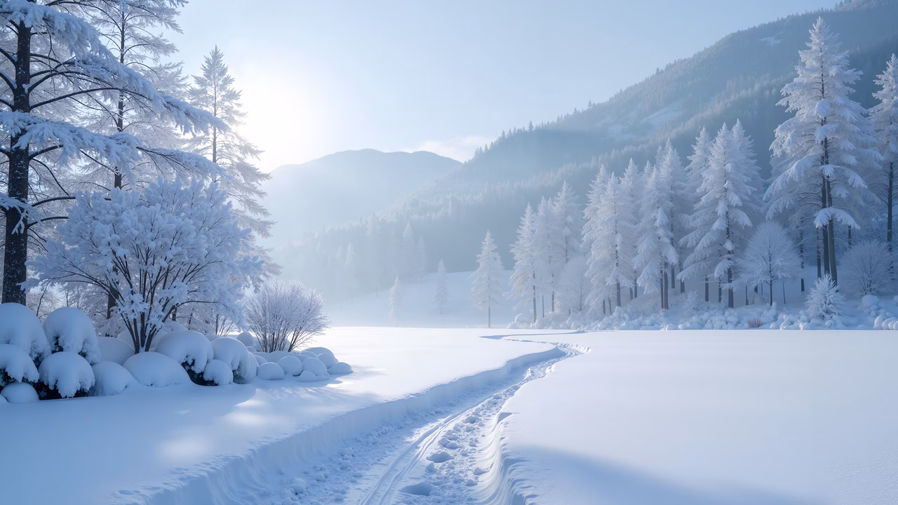 A peaceful winter scene with snow-covered trees and a winding path.