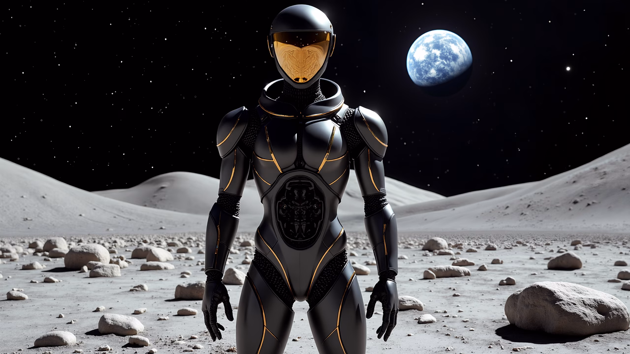Futuristic space suit astronaut on the moon with Earth in the background.