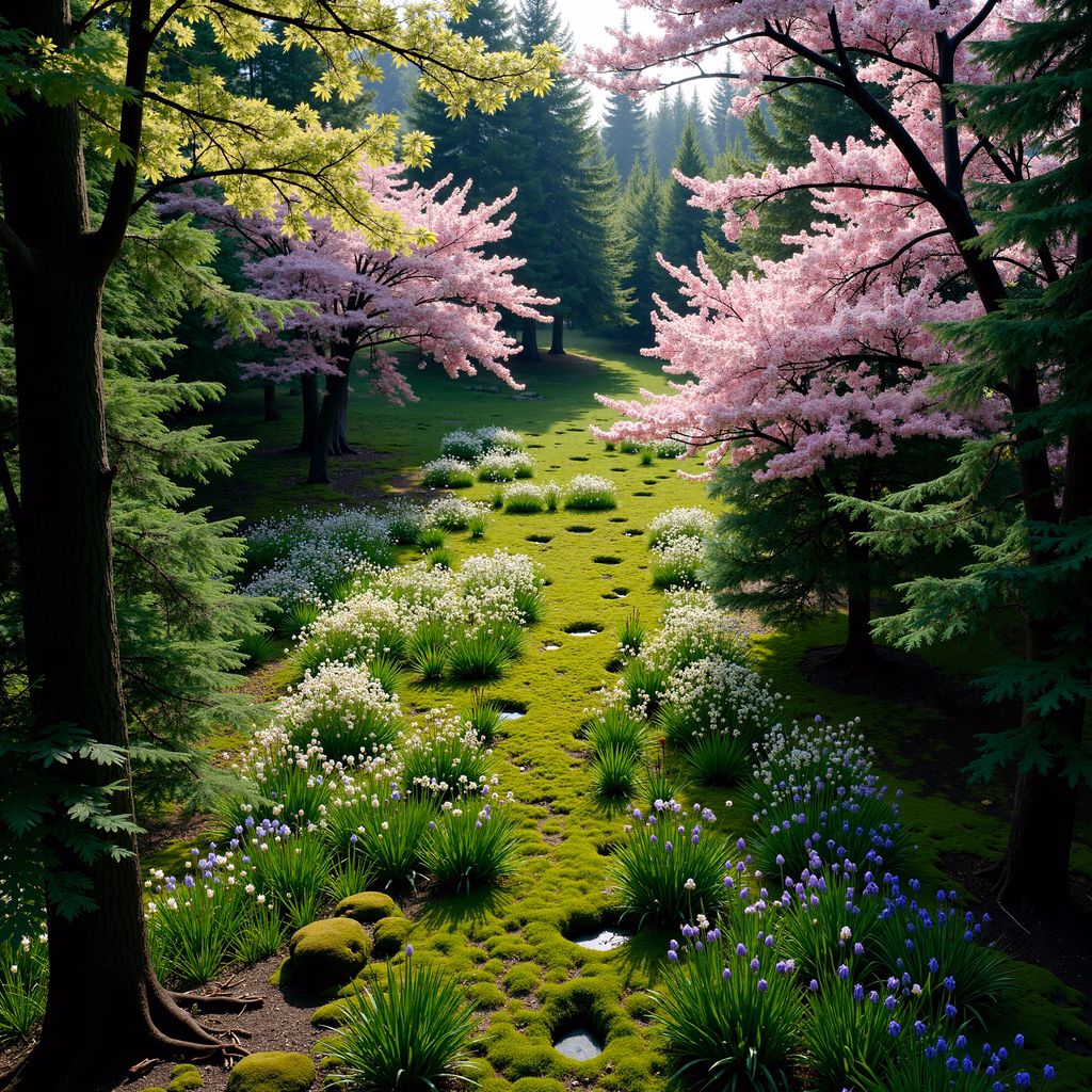 A peaceful spring forest scene with green grass and pink blossoms.