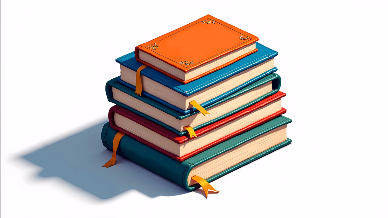 A stack of colorful books with bookmarks, symbolizing knowledge and education.