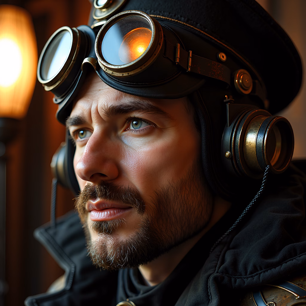Steampunk pilot in vintage goggles and leather attire, evoking adventure and nostalgia.
