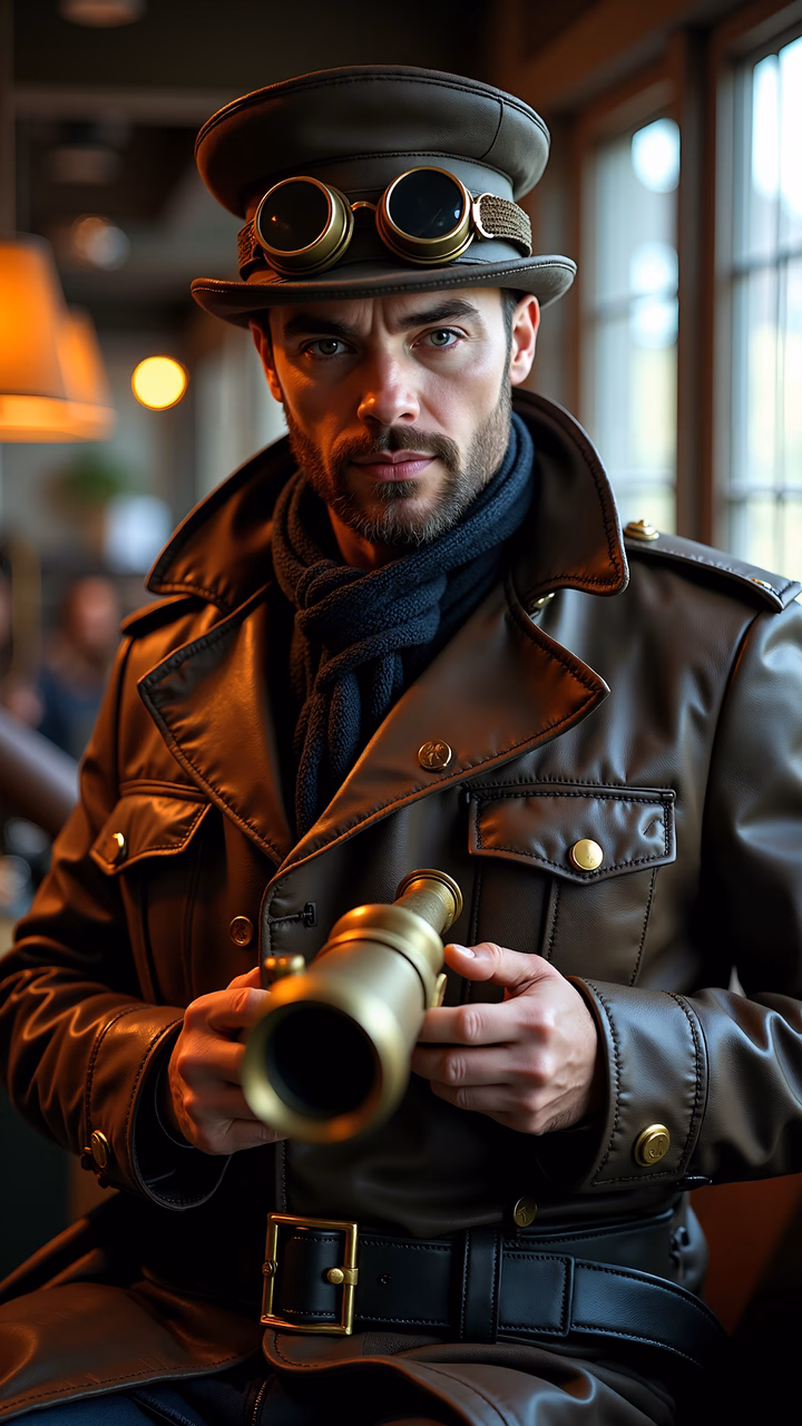 Steampunk explorer with brass telescope, leather jacket, and goggles, evoking adventure and nostalgia.
