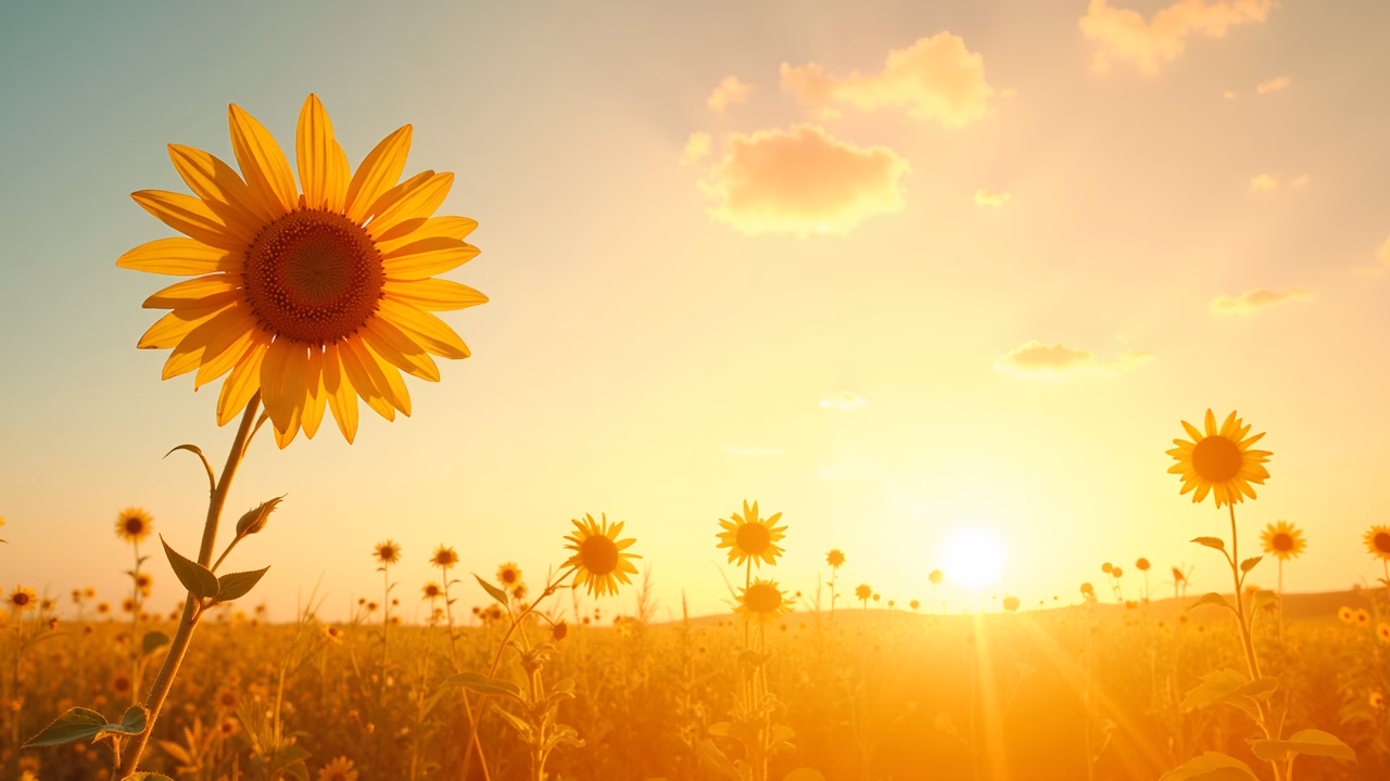 Sunlit sunflowers in a tranquil sunset landscape