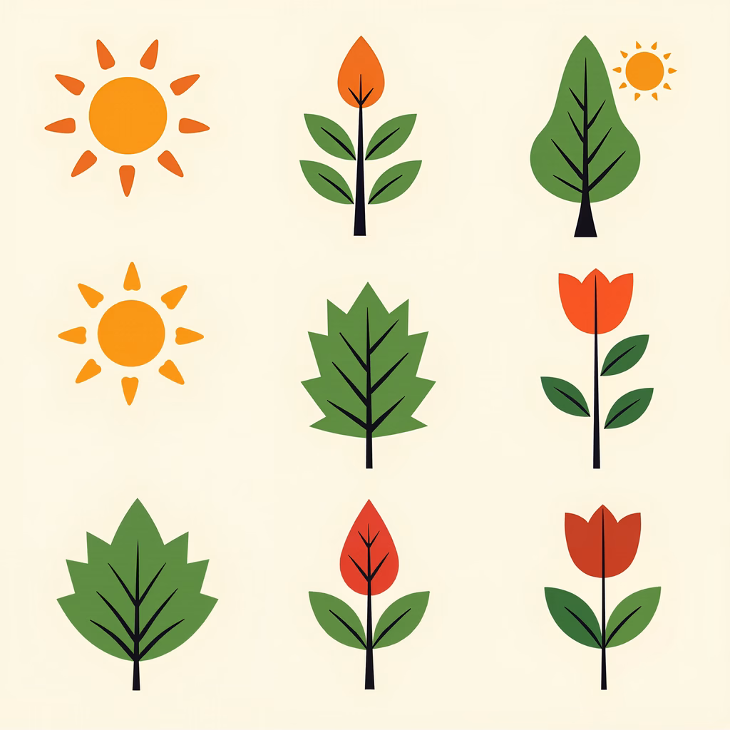 Brightly colored suns and leaves in a cheerful nature illustration.