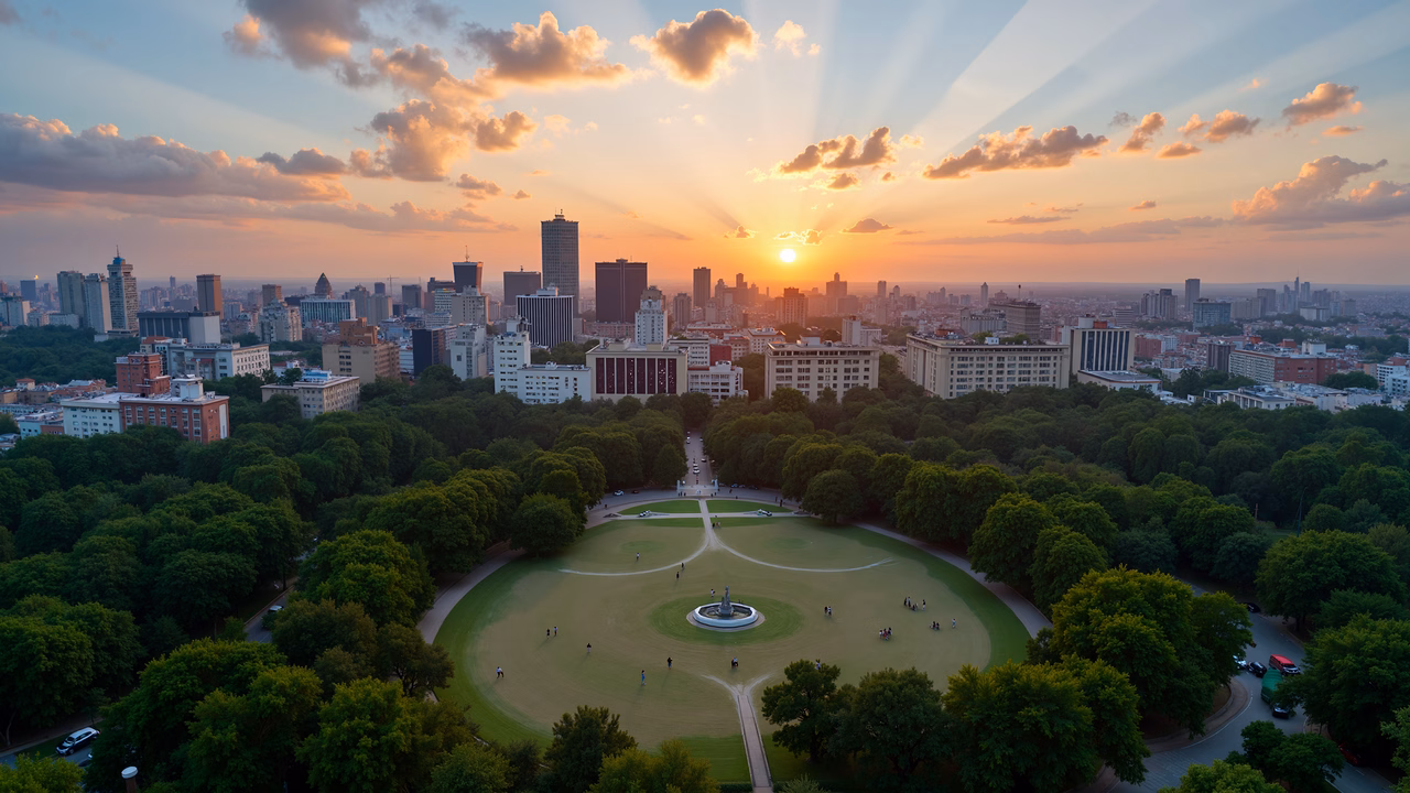 Panoramic sunset over a city skyline with a park in the foreground.