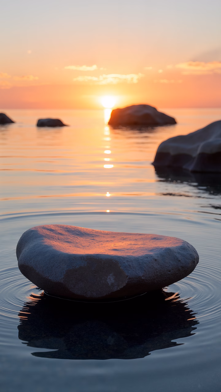 Golden sunset reflected in calm waters with a large rock in the foreground.