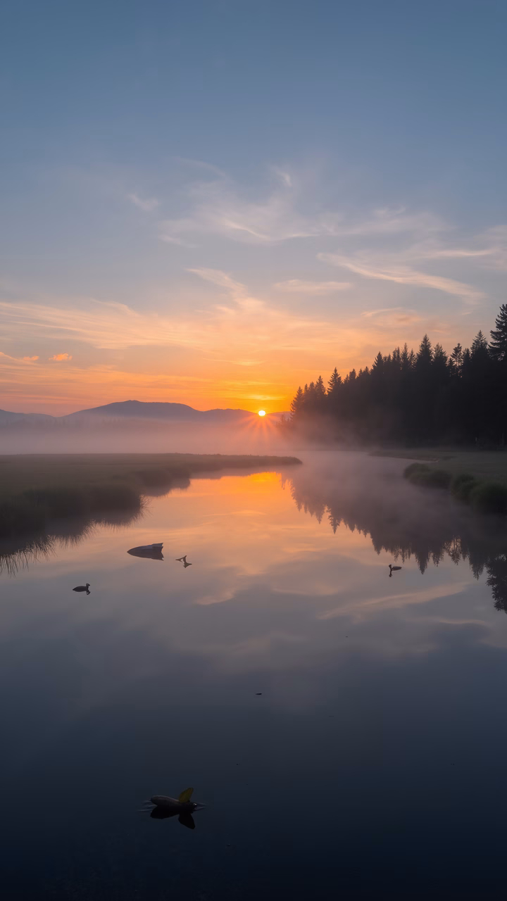 Serene sunset over a misty lake with vibrant reflections and silhouetted trees.
