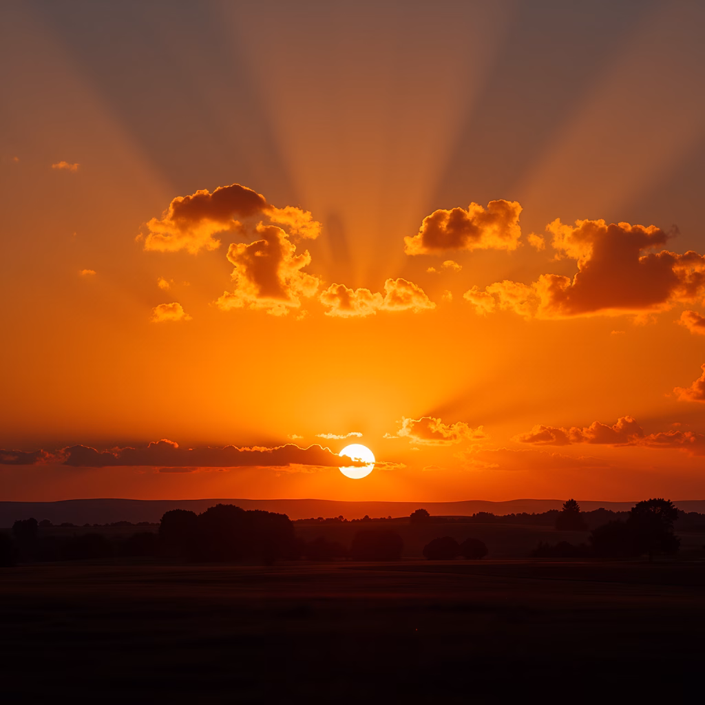 A serene sunset with radiant beams and silhouetted trees.