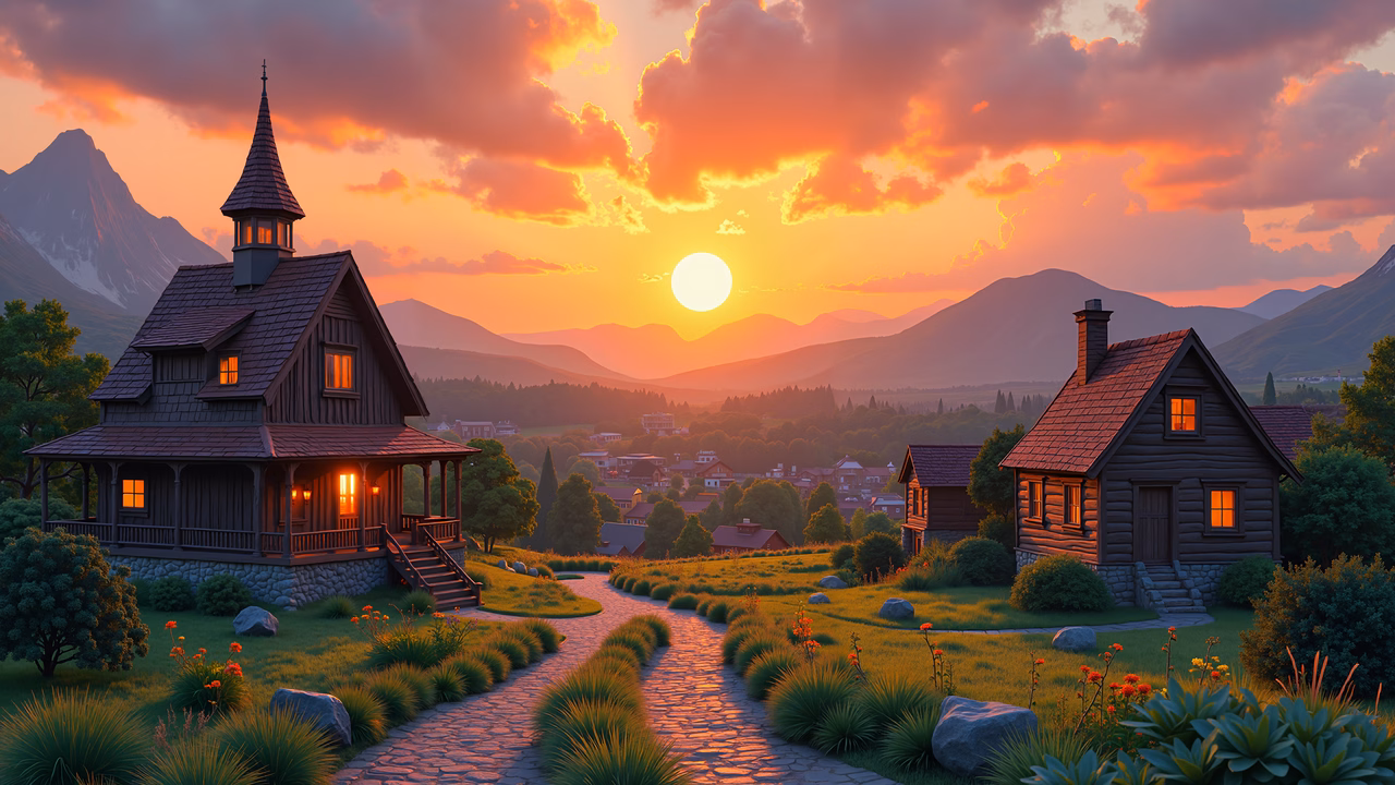 A tranquil sunset scene featuring wooden houses and a winding stone path in a picturesque village setting.