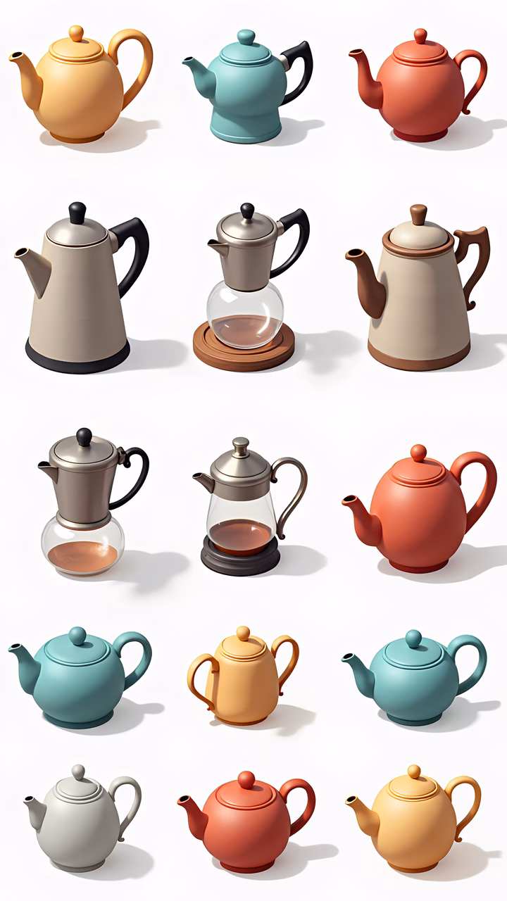A collection of colorful teapots in a modern illustration style.