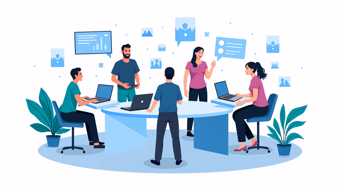 A dynamic team collaboration scene with modern tech tools and vibrant colors.