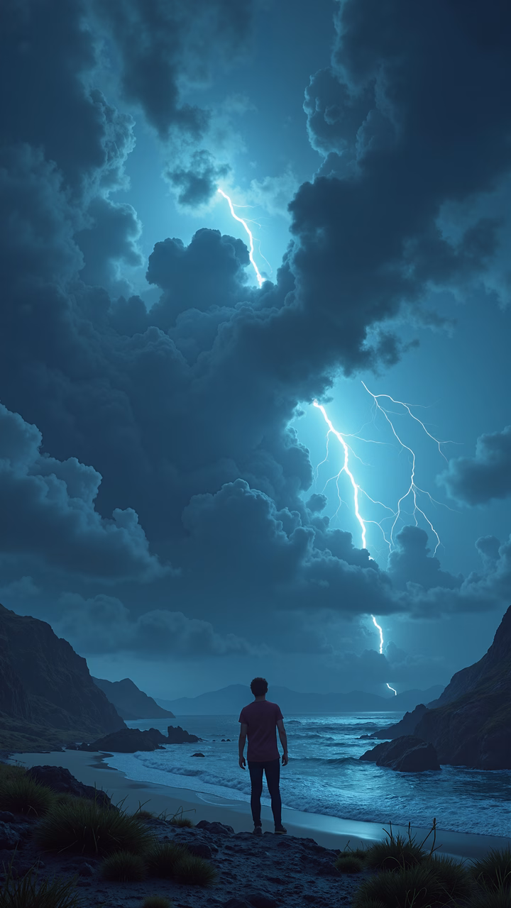 A solitary figure witnesses a powerful thunderstorm on a rocky beach.