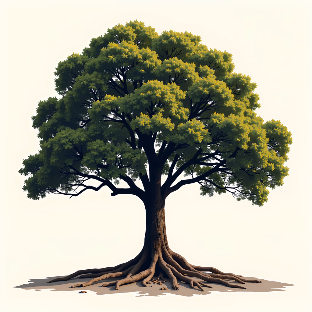 Detailed illustration of a thriving tree with intricate roots and vibrant green leaves.