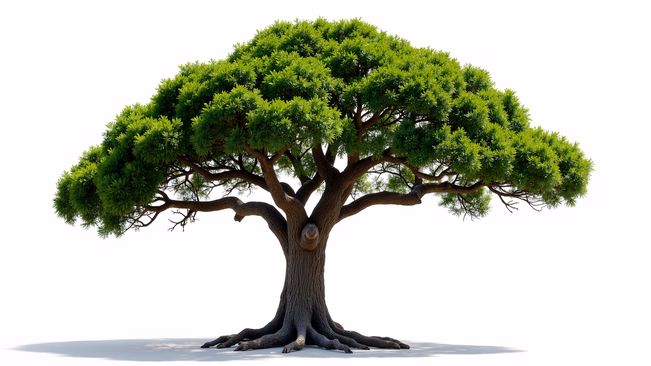 Detailed illustration of a tree with vibrant green leaves and intricate bark textures, evoking peace and tranquility.