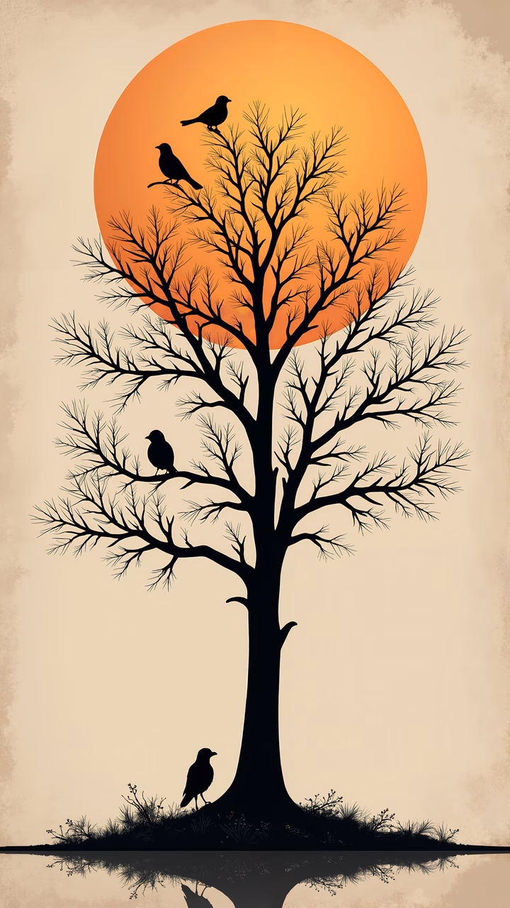Bare tree silhouette against a warm sunset, three birds perched, tranquil atmosphere.