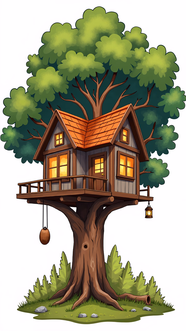 A delightful treehouse surrounded by nature, perfect for children's stories and fantasy settings.