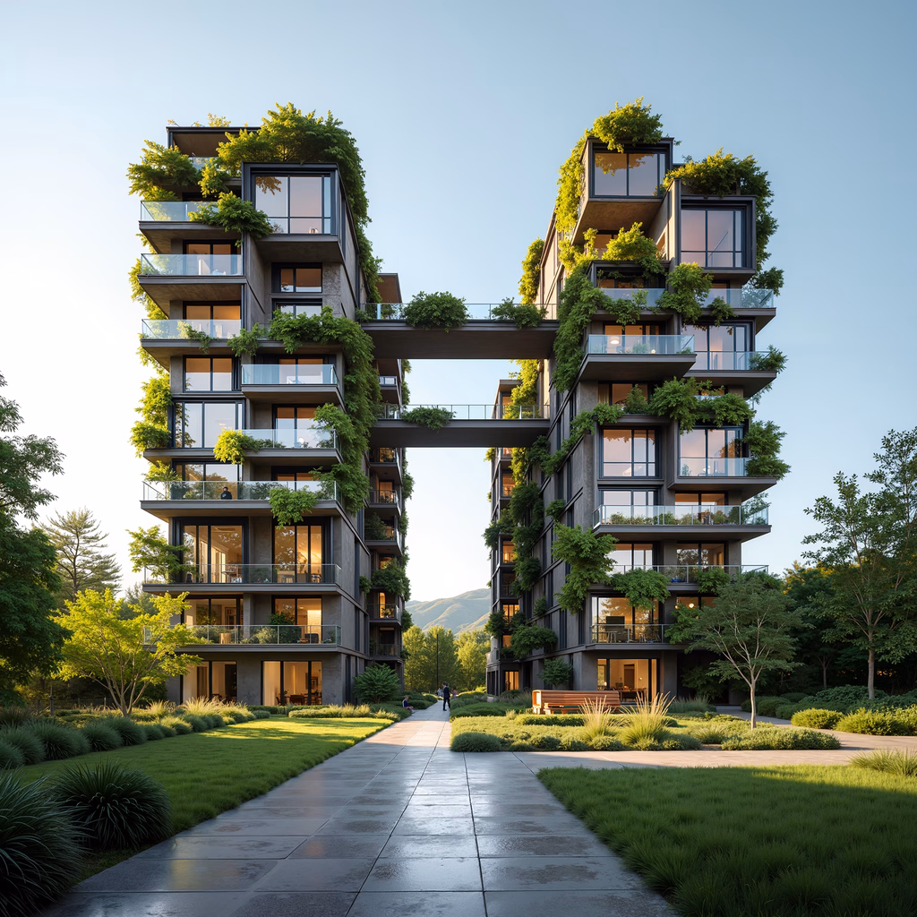 Modern architecture with lush greenery and serene surroundings.