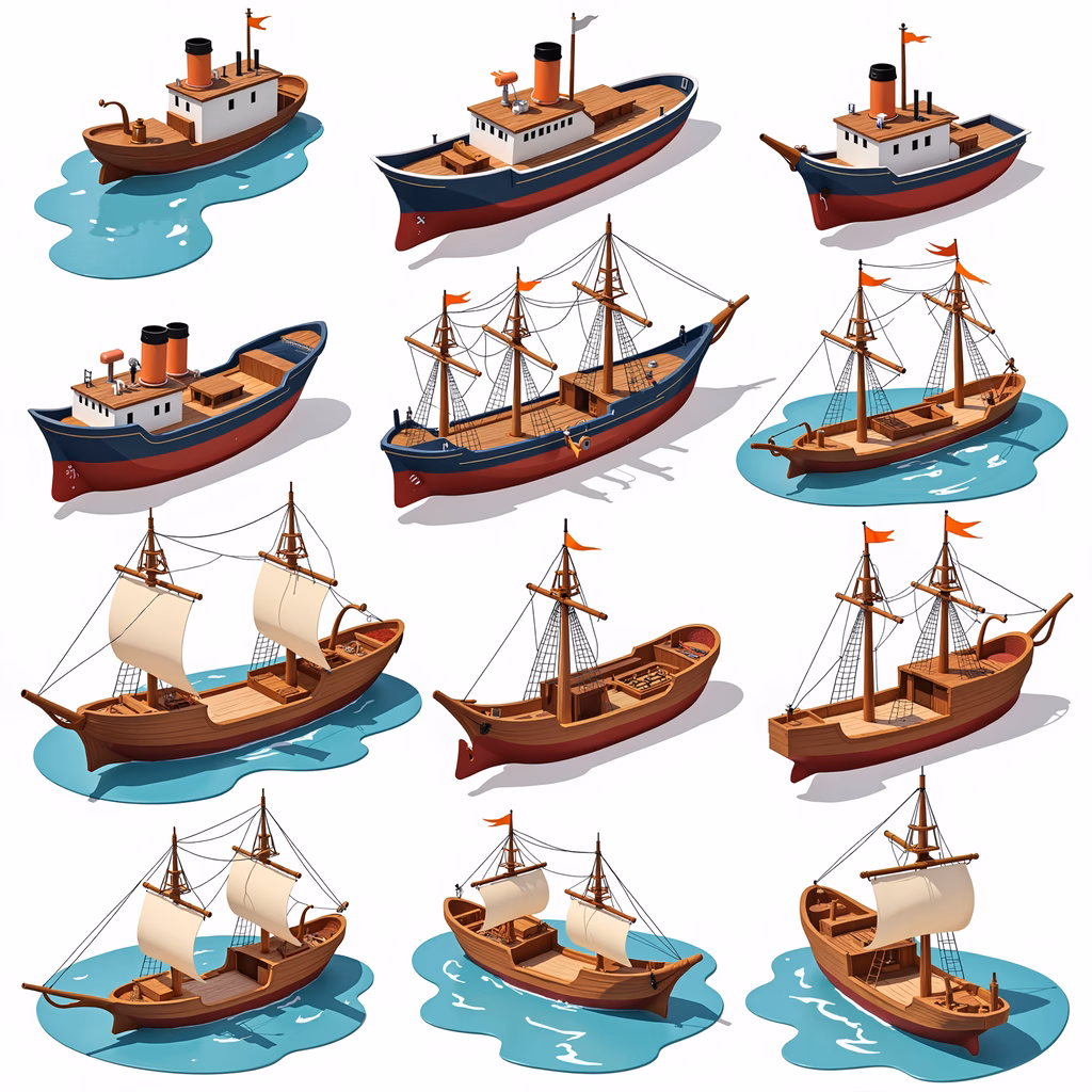 Vintage ships illustration featuring diverse maritime designs and warm color tones.