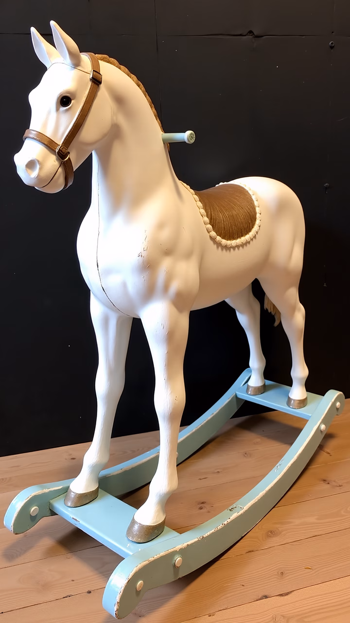 A charming vintage wooden rocking horse with pastel blue frame and white body, set against a dark backdrop.