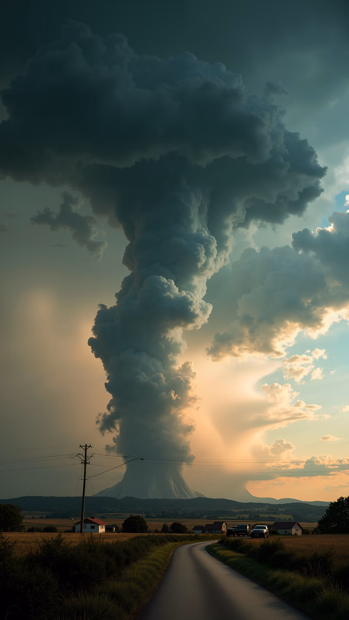 Dramatic volcanic eruption casting a shadow over a peaceful countryside.