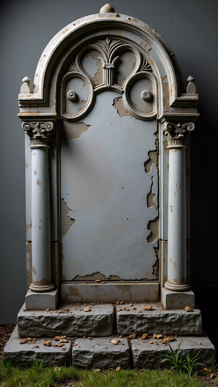 A weathered Gothic arch with intricate details and muted colors.