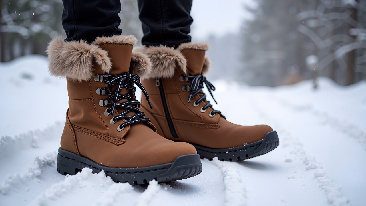 Close-up of winter boots on a snowy ground, highlighting warmth and comfort.